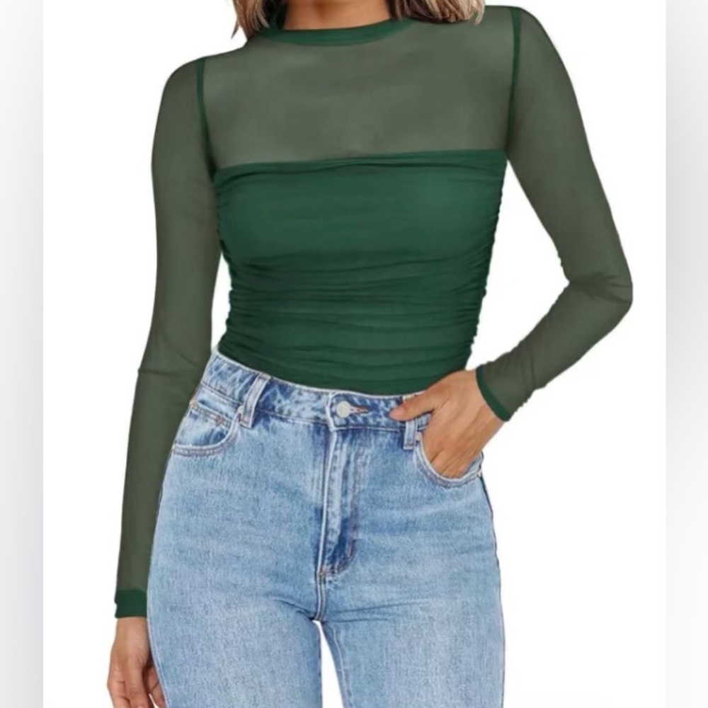 Abercrombie & Fitch Long-Sleeve Mesh Crew Bodysuit in a dark green blue teal XS